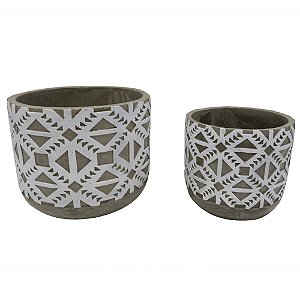 CONJ. DE CACHEPOTS EM CIMENTO COM DESENHOS EM BRANCO 2 PCS G