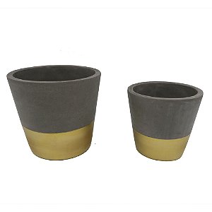 CONJ. DE CACHEPOTS EM CIMENTO E DOURADO  2 PCS G  D14CM X 13
