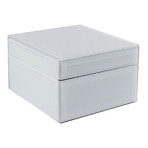 CAIXA EM VIDRO E MADEIRA BRANCA 14CM X 14CM X 8CM