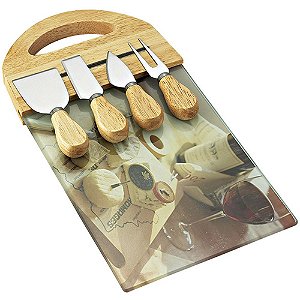 CJ. DE 4 FACAS PARA QUEIJO COM TABUA DE VIDRO TEMPERADO