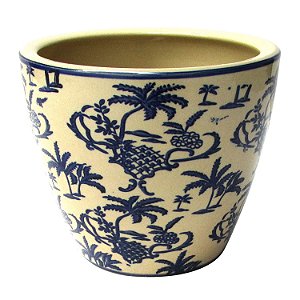 CACHEPOT DE CERAMICA BEGE E AZUL 14,5CM X 17CM