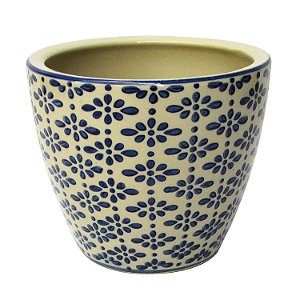 CACHEPOT DE CERAMICA BEGE E AZUL 14,5CM X 17CM