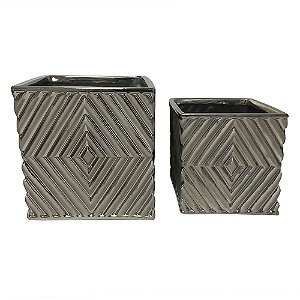 CONJ. DE CACHEPOTS EM CERAMICA PRATEADO  2 PCS G  12,5CM X 1