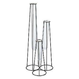 VASO TRES TUBOS DE VIDRO E METAL PRETO