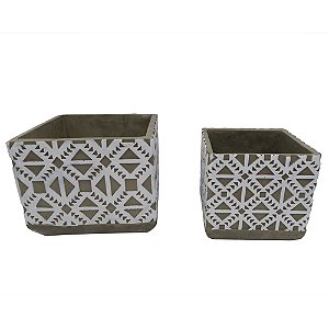 CONJ. DE CACHEPOTS EM CIMENTO COM DESENHOS EM BRANCO 2 PCS G