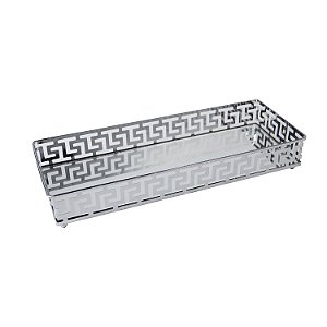 BANDEJA ESPELHADA DE METAL PRATA 33CM X 20CM X 5CM