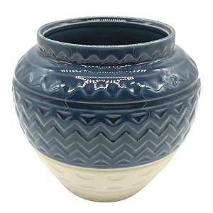 VASO EM CERAMICA AZUL E AREIA 15CM X 15CM X 13,7CM