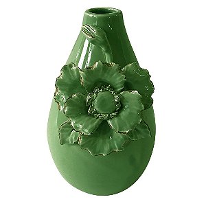 VASO DE CERAMICA VERDE COM FLORES APLICADAS 3D 14CM X 12,7CM