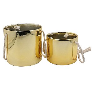 CONJ. DE CACHEPOTS DE CERAMICA DOURADO COM ALCA DE CORDA 2 P