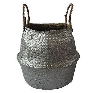 CESTO COM ALCAS EM RATTAN PRATEADO D31CM X 27CM