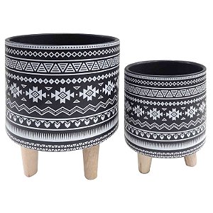 CJ. DE CACHEPOTS DE CERAMICA COM BASE DE MADEIRA - 2PS
