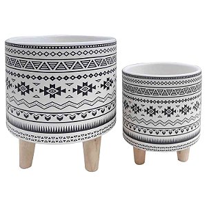 CJ. DE CACHEPOTS DE CERAMICA COM BASE DE MADEIRA - 2PS
