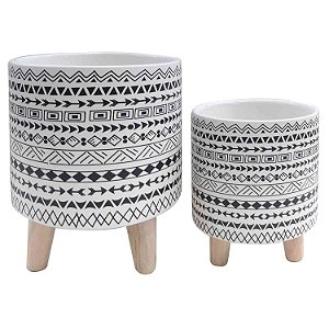 CJ. DE CACHEPOTS DE CERAMICA COM BASE DE MADEIRA - 2PS