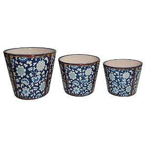 CJ. DE CACHEPOTS DE CERAMICA AZUL - 3 PCS