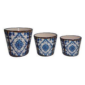 CJ. DE CACHEPOTS DE CERAMICA AZUL - 3 PCS