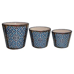 CJ. DE CACHEPOTS DE CERAMICA AZUL - 3 PCS