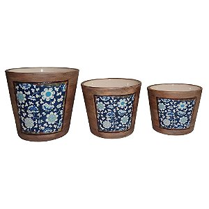 CJ. DE CACHEPOTS DE CERAMICA AZUL - 3 PCS
