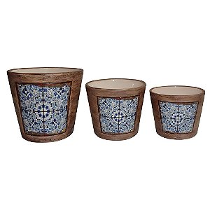 CJ. DE CACHEPOTS DE CERAMICA AZUL - 3 PCS