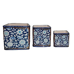 CJ. DE CACHEPOTS DE CERAMICA AZUL - 3 PCS