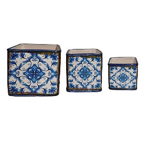CJ. DE CACHEPOTS DE CERAMICA AZUL - 3 PCS