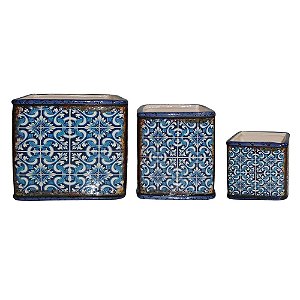 CJ. DE CACHEPOTS DE CERAMICA AZUL - 3 PCS