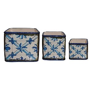 CJ. DE CACHEPOTS DE CERAMICA AZUL - 3 PCS