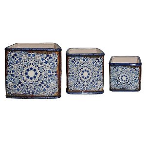 CJ. DE CACHEPOTS DE CERAMICA AZUL - 3 PCS