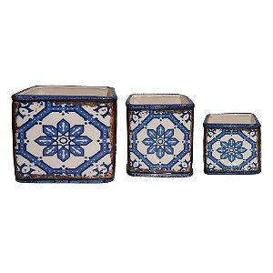 CJ. DE CACHEPOTS DE CERAMICA AZUL - 3 PCS
