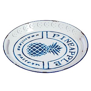 BANDEJA EM METAL BRANCA E AZUL 42CM X 33,5CM X 4,5CM