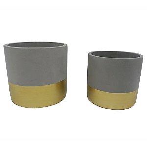 CONJ. DE CACHEPOTS EM CIMENTO E DOURADO  2 PCS G  D17,2CM X
