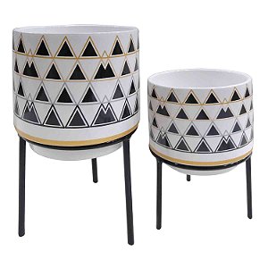 CJ. DE CACHEPOTS DE CERAMICA COM BASE DE MADEIRA - 2PS