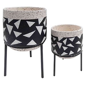 CJ. DE CACHEPOTS DE CERAMICA COM BASE DE MADEIRA - 2PS