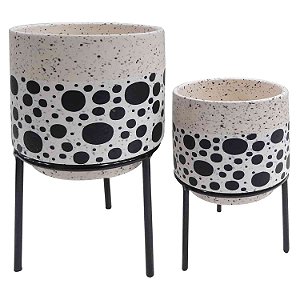 CJ. DE CACHEPOTS DE CERAMICA COM BASE DE MADEIRA - 2PS