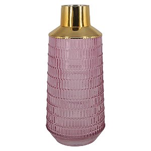 VASO DE VIDRO TRANSPARENTE ROSA COM METAL DOURADO 12CM X 12C