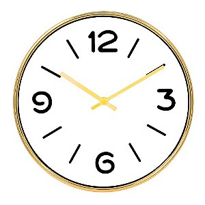 RELOGIO DE PAREDE DE PLASTICO DOURADO E BRANCO 35CM X 4CM