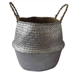 CESTO COM ALCAS EM RATTAN PRATEADO D38CM X 33CM