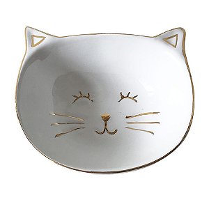 CJ  DE MINI PRATO DE CERAMICA GATO BRANCO E DOURADO  4PCS