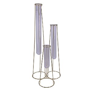 VASO TRES TUBOS DE VIDRO E METAL DOURADO