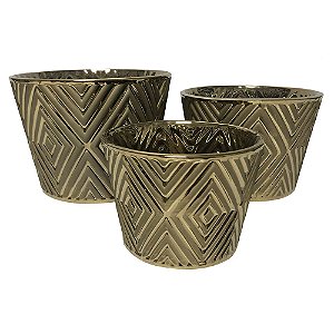 CONJ. DE CACHEPOTS EM CERAMICA DOURADO  3 PCS G  D13CM X 9,5