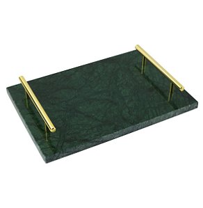 BANDEJA EM MARMORE VERDE COM ALCAS DOURADAS 30CM X 20CM X 5C