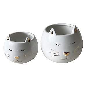 CJ  DE POTES DE CERAMICA GATO BRANCO E DOURADO