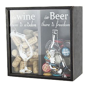 QUADRO DE MADEIRA E VIDRO PARA ROLHAS E TAMPINHAS 23CM X 11C