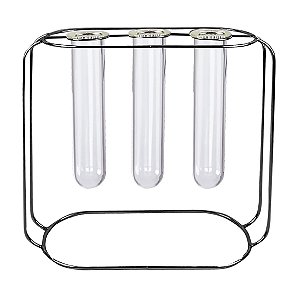 VASO TRES TUBOS DE VIDRO E METAL PRETO