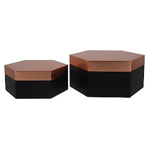 CONJ. DE CAIXAS SEXTAVADO DE MADEIRA PRETO E COBRE  2PCS G