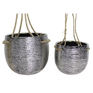 CONJ. DE CACHEPOTS DE CERAMICA PARA PAREDE PRATA COM ALCA DE