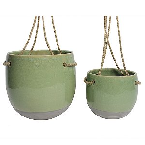 CONJ. DE CACHEPOTS DE CERAMICA PARA PAREDE VERDE E CINZA COM