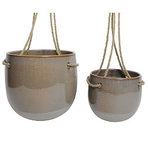CONJ. DE CACHEPOTS DE CERAMICA PARA PAREDE MARROM COM ALCA D
