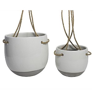 CONJ. DE CACHEPOTS DE CERAMICA PARA PAREDE CINZA COM ALCA DE