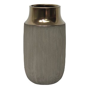 VASO DECORATIVO DE CERAMICA CINZA E DOURADO 14,8CM X 14,8CM