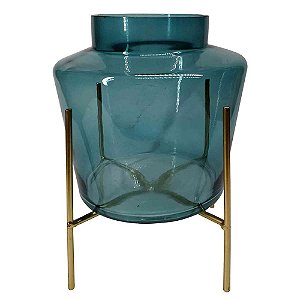 VASO DE VIDRO AZUL COM SUPORTE DOURADO
